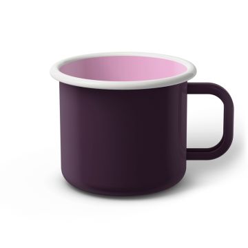 Emaille Tasse 9 cm dunkelviolett, weißer Rand, Innenfarbe pink, (Jumbotasse)