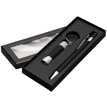 Alpha Kugelschreiber mit Davis LED-Taschenlampe Geschenkset und Fensterbox black