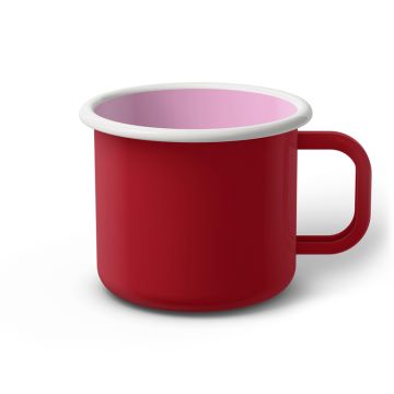 Emaille Tasse 9 cm dunkelrot, weißer Rand, Innenfarbe pink, (Jumbotasse)