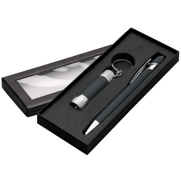 Alpha Kugelschreiber mit Davis LED-Taschenlampe Geschenkset und Fensterbox grey