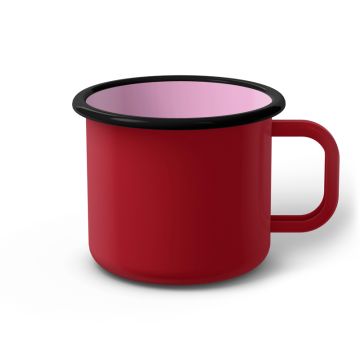 Emaille Tasse 9 cm dunkelrot, schwarzer Rand, Innenfarbe pink, (Jumbotasse)